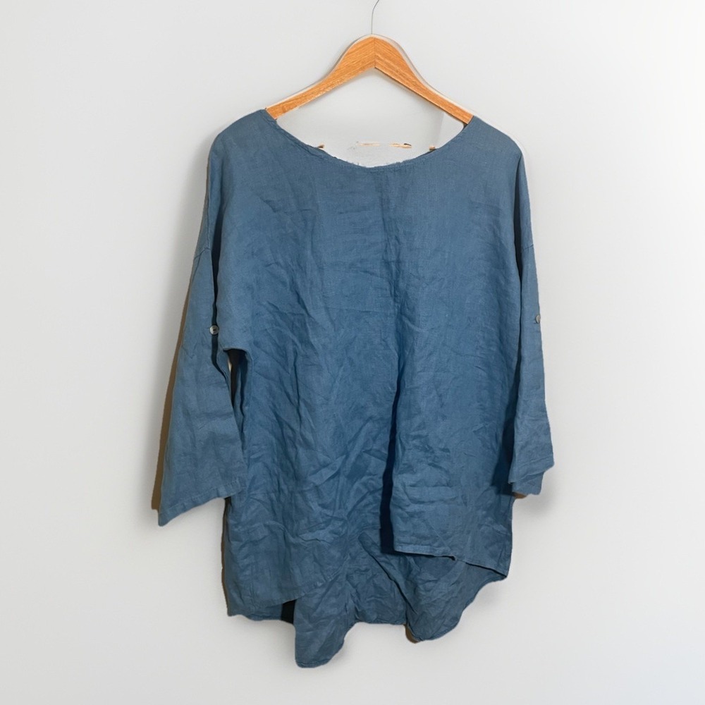 Terzo Millennio Italy Linen Top Large Tunic Casual Coastal Blouse Minimal Blue